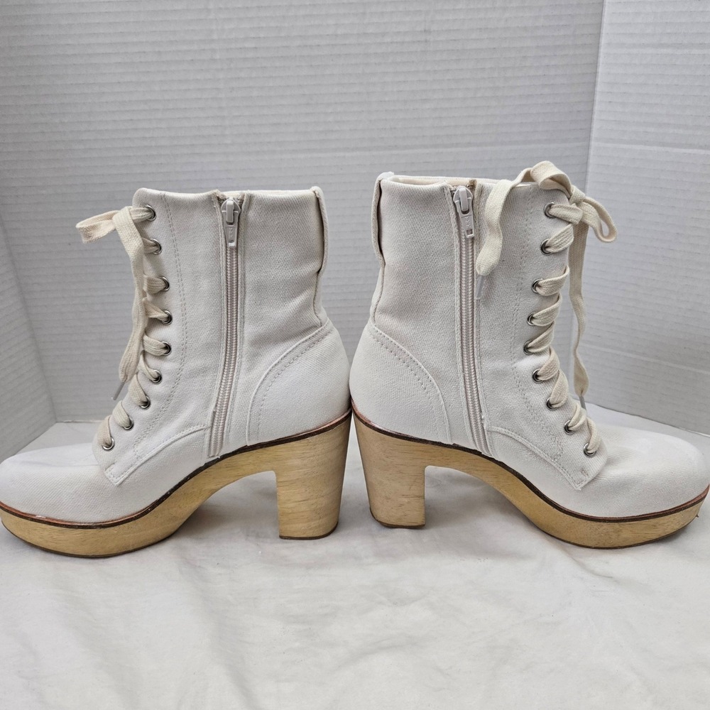 Charlotte Stone White Canvas Lace Up Platform Block Heel Boots Womens Size 9 - Picture 6 of 11